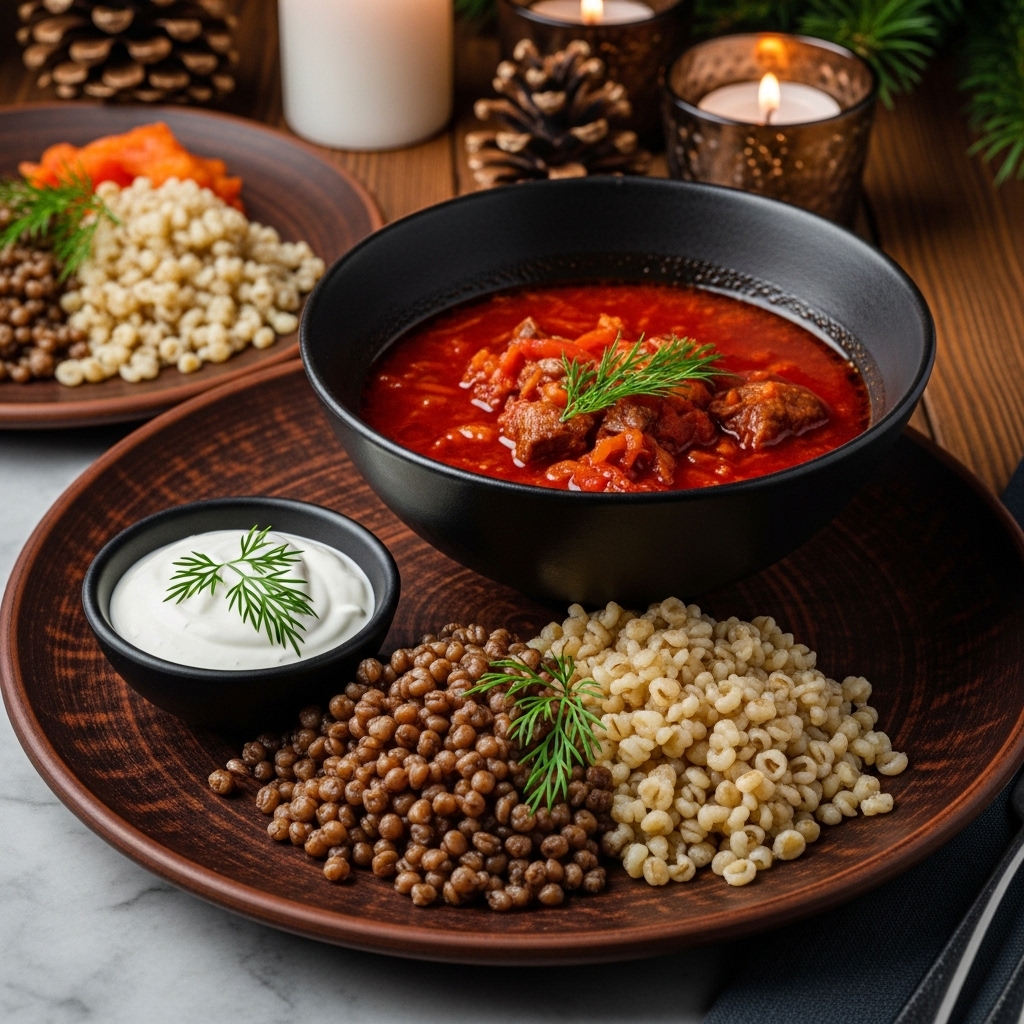 Gourmet Russian Lunch: Authentic Borscht & Kasha Varieties Served With Dill-Infused Sour Cream