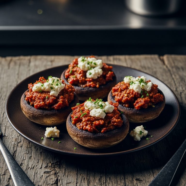 Gourmet Stuffed Portobello Mushrooms with Sun-Dried Tomato Pesto & Herbed Goat Cheese