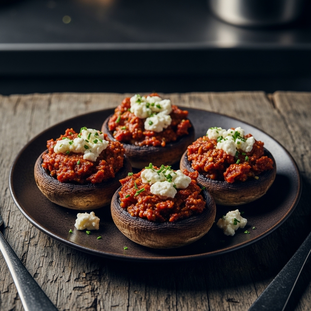 Gourmet Stuffed Portobello Mushrooms with Sun-Dried Tomato Pesto & Herbed Goat Cheese