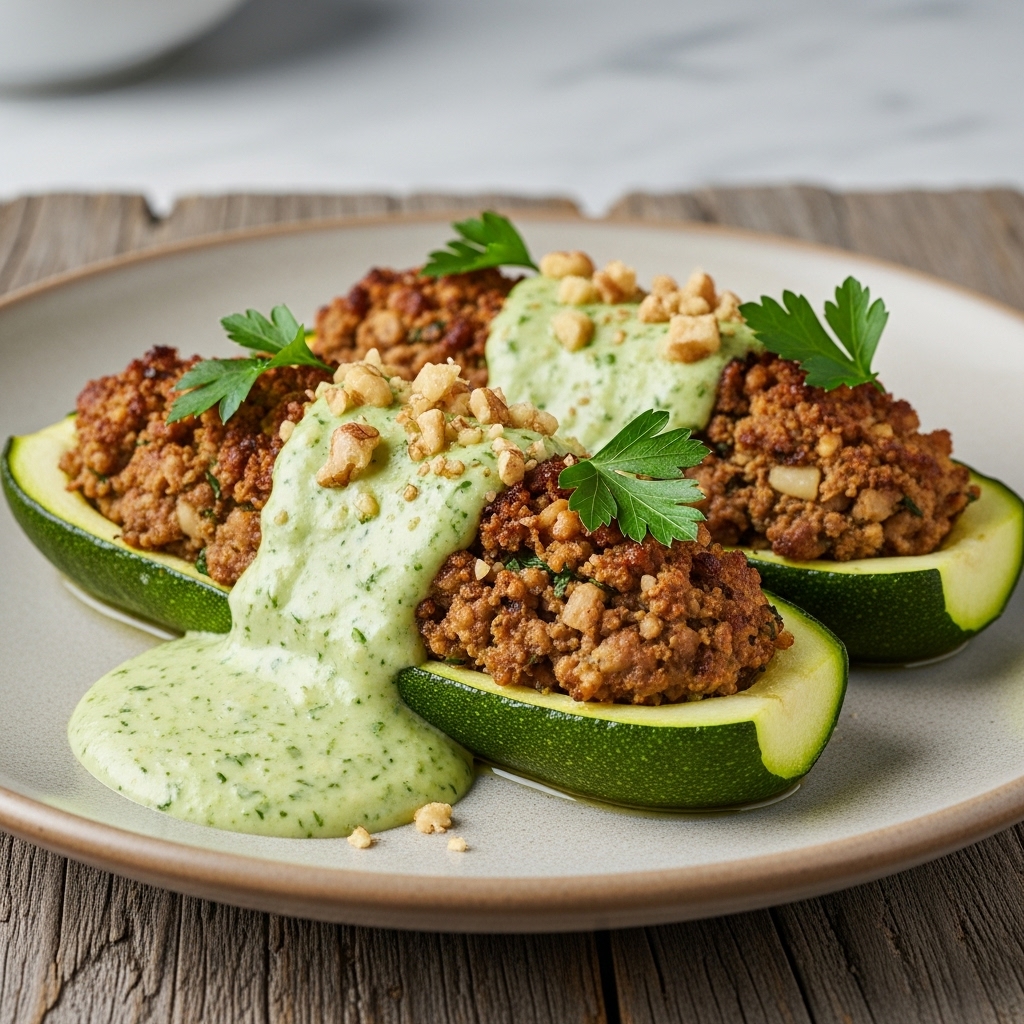 Gourmet Stuffed Zucchini Boats with Walnut Meat & Garlic Herb Sauce