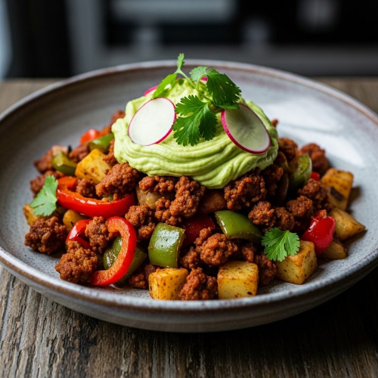 “Gourmet Tex-Mex Brunch Fiesta: Gluten-Free Chorizo Breakfast Hash with Avocado Crema”