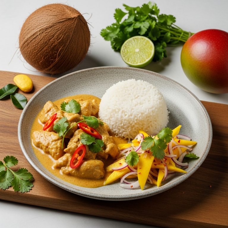 “Gourmet Thai Lunch – Coconut Curry Chicken with Jasmine Rice and Mango Salad”