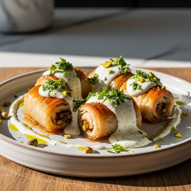 Gourmet Turkish Lunch Box: Gluten-Free Baklava Stuffed Chicken Rolls with Creamy Mint Yogurt Sauce