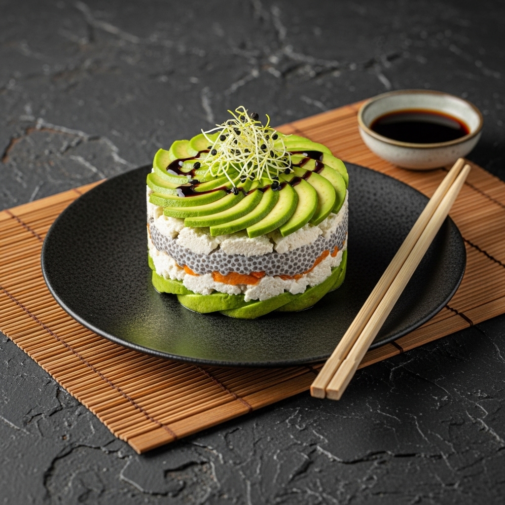 “Gourmet Vegan Avocado Tower with Almond Ricotta and Chia Seed Pudding”