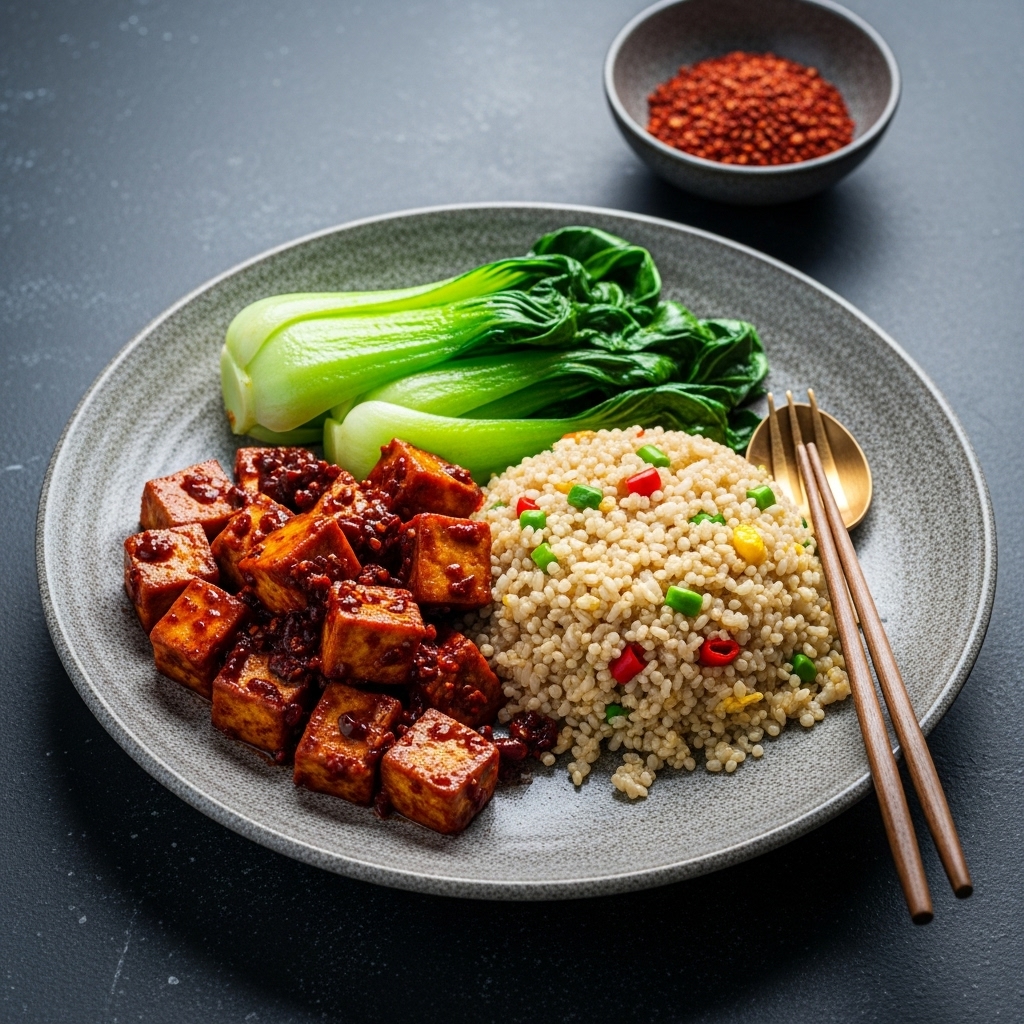 Gourmet Vegan Chinese Lunch Banquet: Spicy Szechuan Tofu with Stir-fried Bok Choy and Creamy Quinoa Fried Rice