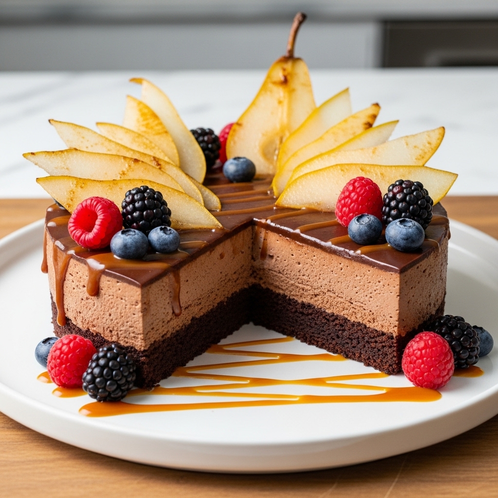 “Gourmet Vegan Chocolate Mousse Torte with Caramelized Pears and Mixed Berries”