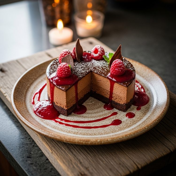 Chocolate Mousse Torte with Raspberry Coulis