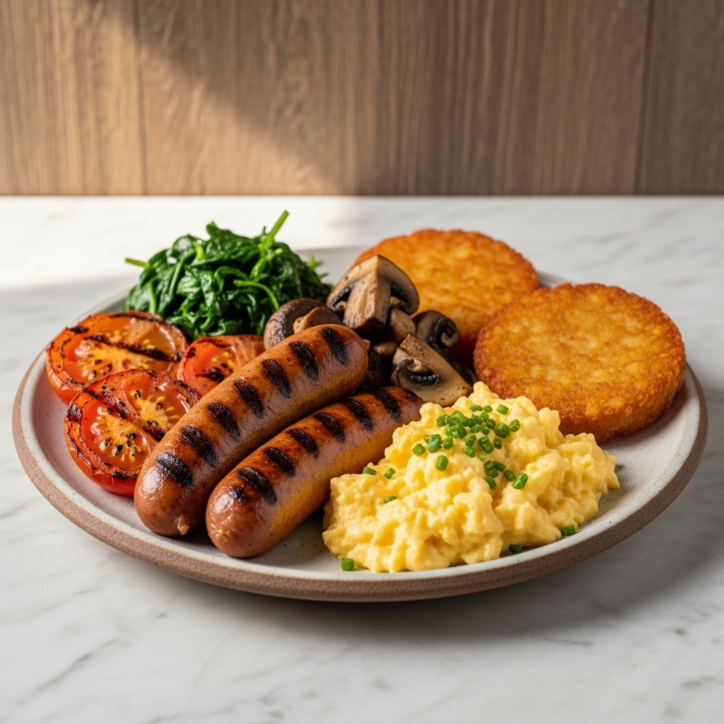 “Gourmet Vegan English Breakfast with Smoky Tofu Sausages and Almond Milk Scrambled Eggs”