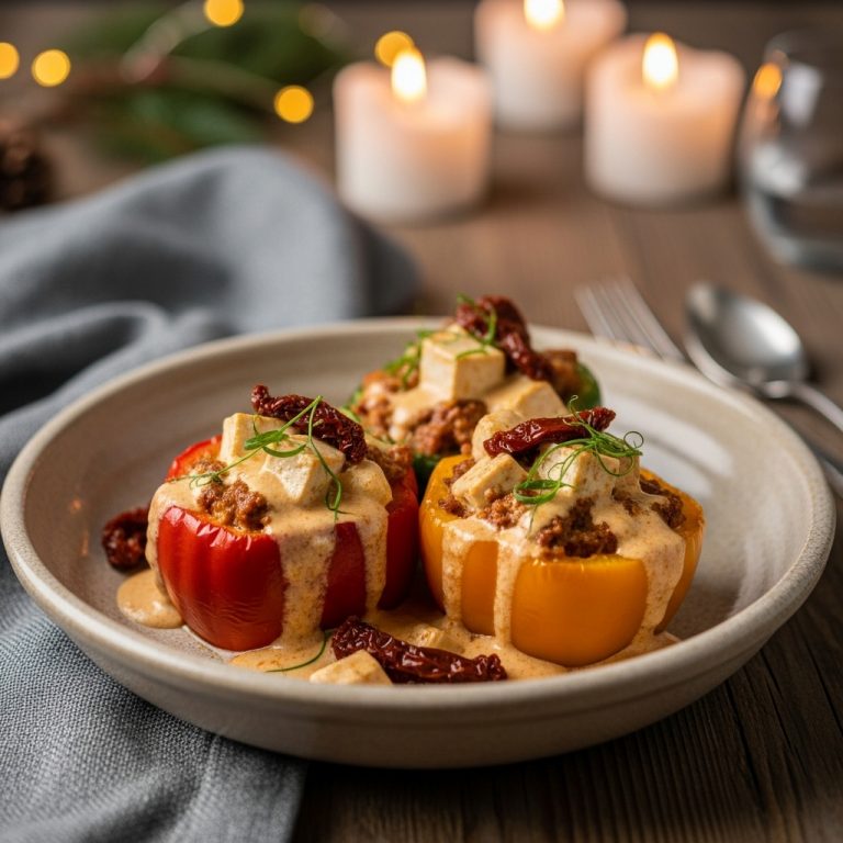 “Gourmet Vegan Hungarian Lunch: Tofu Stuffed Bell Peppers with Creamy Sun-Dried Tomato Sauce”