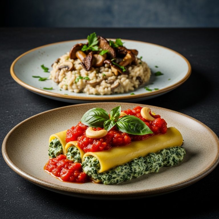 “Gourmet Vegan Italian Dinner: Mushroom Risotto & Creamy Spinach Cannelloni”