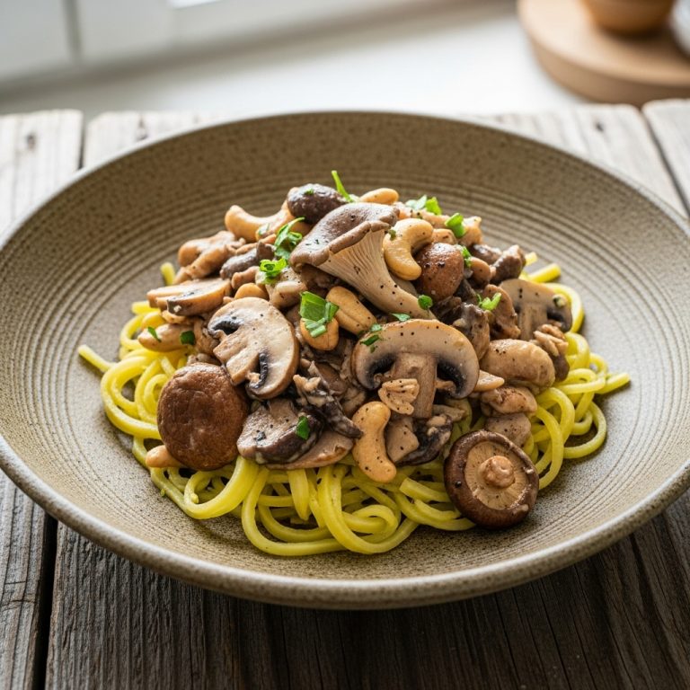 “Gourmet Vegan Mushroom Stroganoff Over Truffled Squash Noodles”