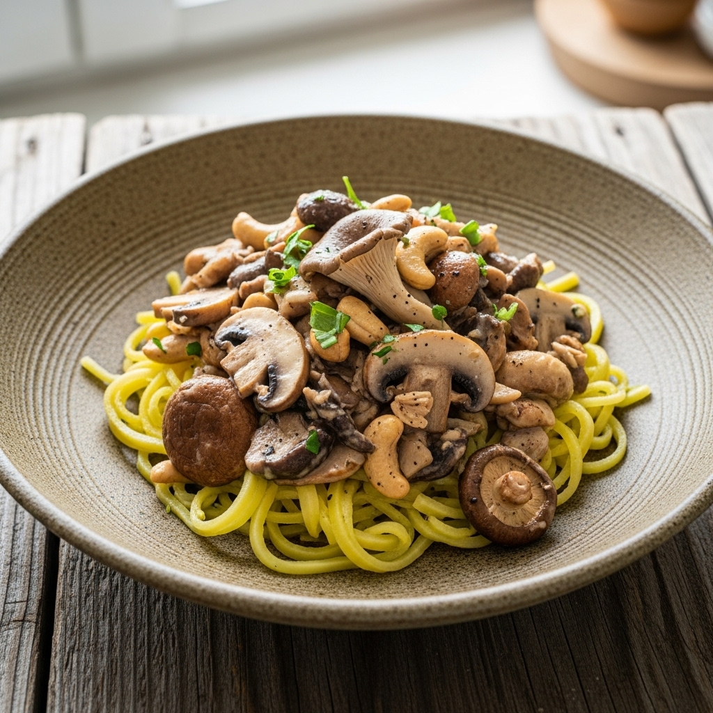 “Gourmet Vegan Mushroom Stroganoff Over Truffled Squash Noodles”