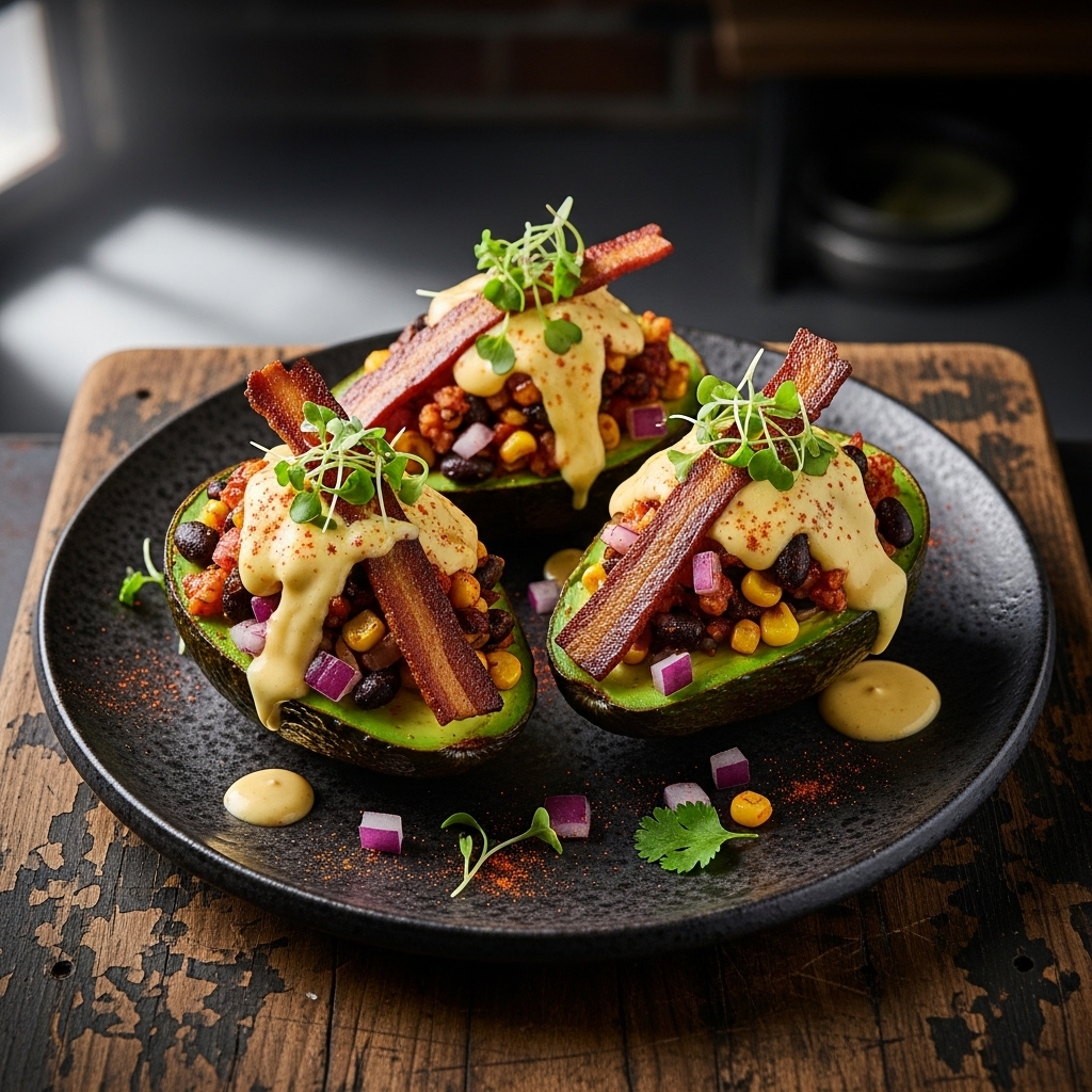 Gourmet Vegan Stuffed Avocado Boats with Smoked Tofu Bacon & Cashew Hollandaise