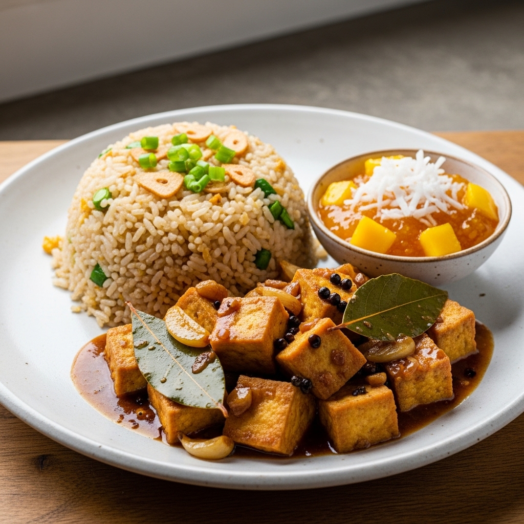 Gourmet Vegetarian Filipino Breakfast Feast: Aromatic Adobo Tofu, Garlic Fried Rice, and Coconut-Mango Jam
