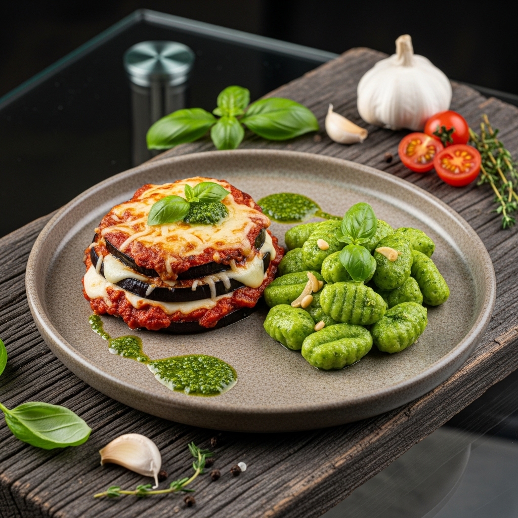 Gourmet Vegetarian Italian Dinner: Eggplant Parmigiana with Spinach Gnocchi & Basil Pesto Sauce