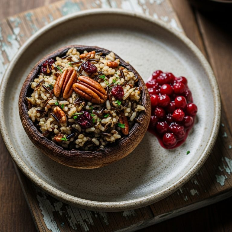 Gourmet Vegetarian Stuffed Portobello Mushrooms with Wild Rice & Cranberry Compote