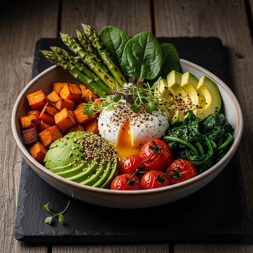 “Gourmet Veggie-Packed Australian Breakfast Bowl: A Delectable Sensory Experience”