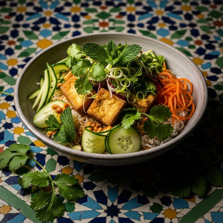 Gourmet Vietnamese Lunch – Savory Vegetarian Rice Bowl with Crispy Tofu & Fresh Herbs