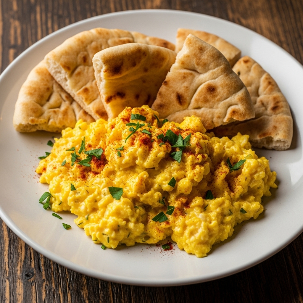 Greek Breakfast Feast: Mouthwatering Avgolemono Scrambled Eggs with Crispy Pita Bread