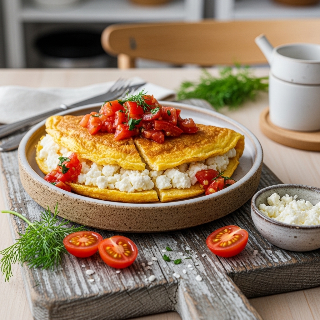 Greek Brunch Delight: Authentic Feta-Stuffed Greek Omelette with Tomato-Ouzo Relish