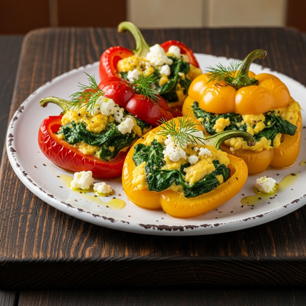 Greek Brunch Delight: Avgolemono Egg Scramble with Spinach & Feta Stuffed Bell Peppers