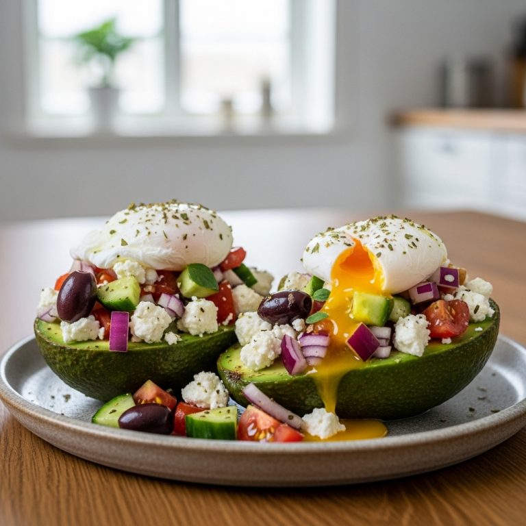 Greek Brunch Delight: Feta-Stuffed Avocado Boats With Mediterranean Salsa and Poached Eggs
