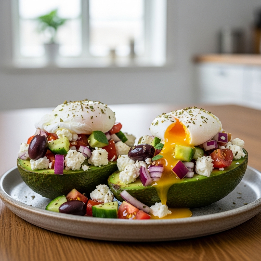 Greek Brunch Delight: Feta-Stuffed Avocado Boats With Mediterranean Salsa and Poached Eggs