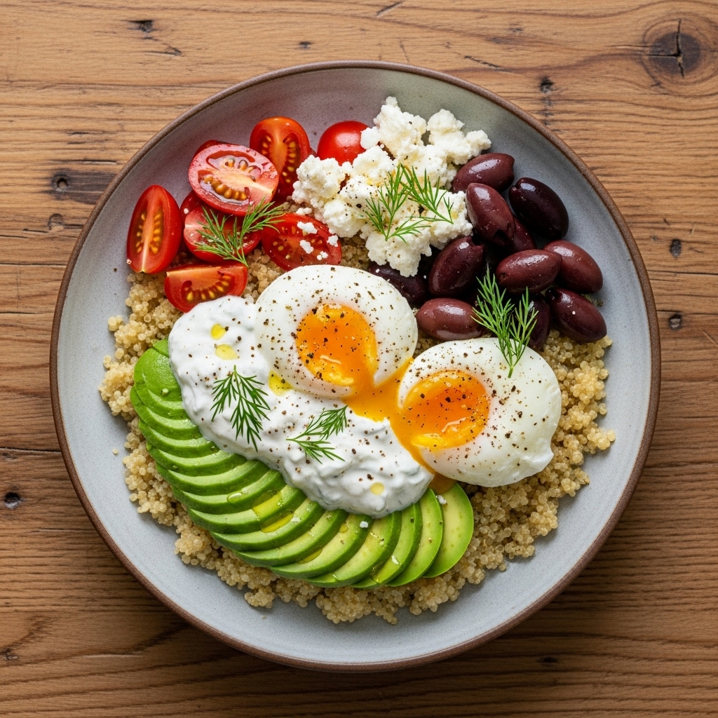 Greek Brunch Greek Power Bowl: Energizing Avocado Tzatziki with Poached Eggs & Quinoa