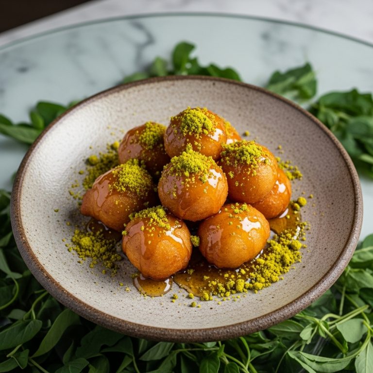 Greek Frozen Treat: Loukoumades with Honey-Wine Syrup and Pistachio Crumble