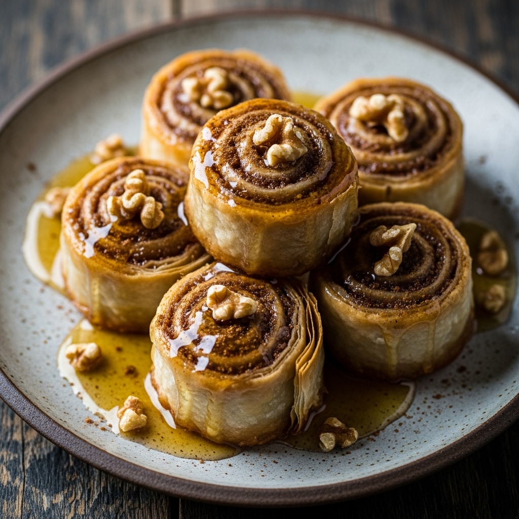 Greek Gluten-Free Baklava Rolls with Honey Walnut Sauce