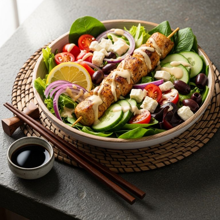 Greek Gluten-Free Mediterranean Grilled Chicken Souvlaki Salad Bowl with Lemon Tahini Dressing