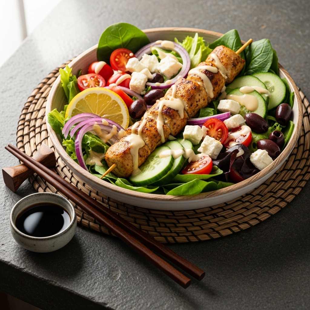 Greek Gluten-Free Mediterranean Grilled Chicken Souvlaki Salad Bowl with Lemon Tahini Dressing