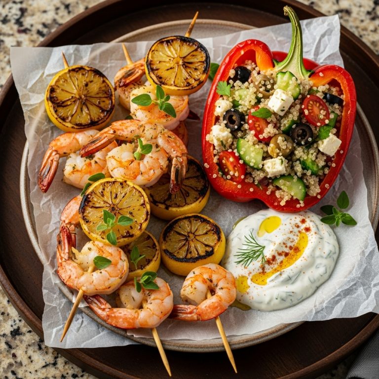 Greek Gluten-Free Seafood Symphony: Lemon Herb Shrimp Skewers with Quinoa Stuffed Peppers and Tzatziki Sauce