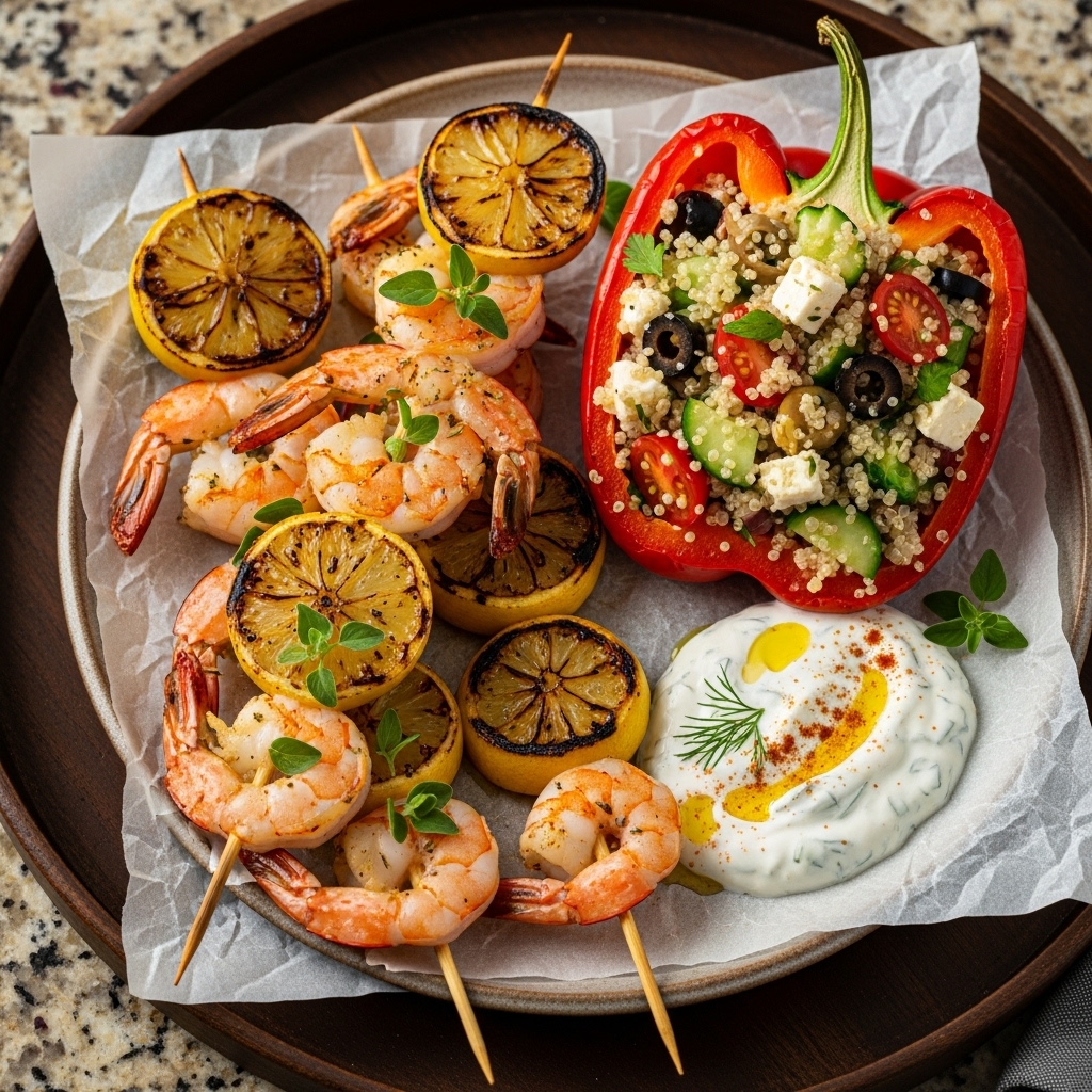 Greek Gluten-Free Seafood Symphony: Lemon Herb Shrimp Skewers with Quinoa Stuffed Peppers and Tzatziki Sauce