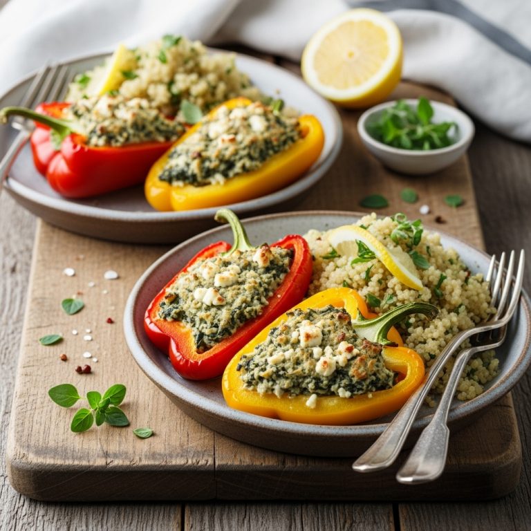 “Greek Island Brunch: Gluten-Free Spanakopita Stuffed Bell Peppers with Lemon-Herb Quinoa”