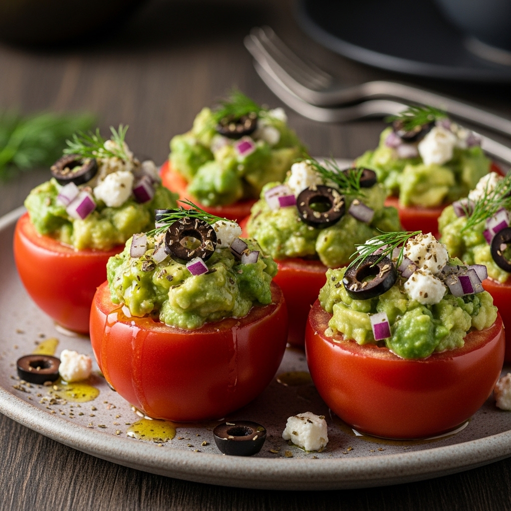 Greek Island Inspired Avocado Stuffed Tomatoes