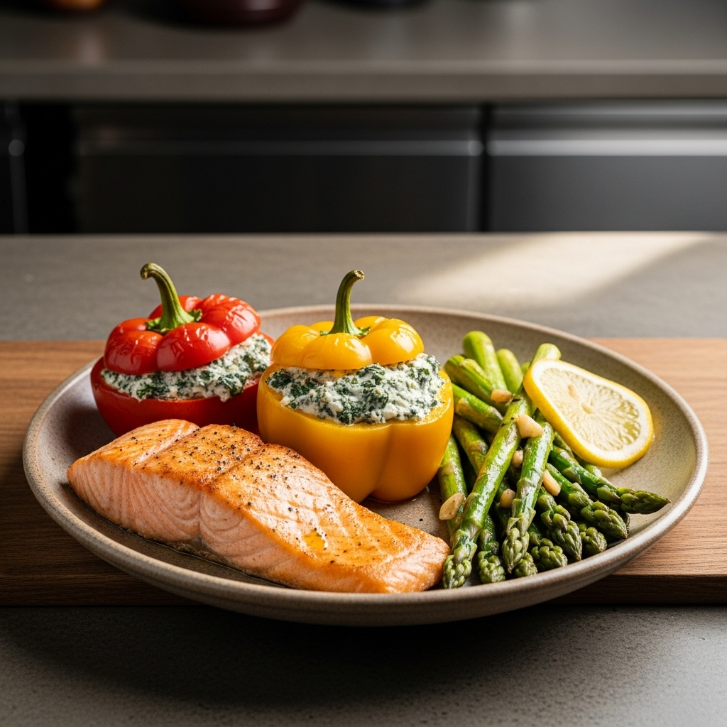 Greek Keto Lunch: Mouthwatering Mediterranean Salmon with Spinach Stuffed Peppers & Lemon Garlic Asparagus