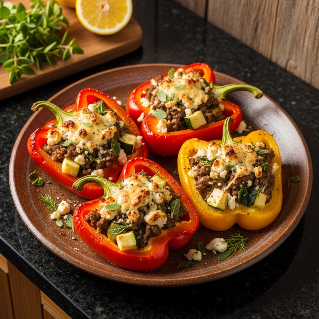 Greek Keto Stuffed Bell Peppers with Feta Cheese & Herbs