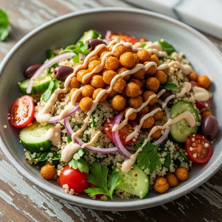 Greek Lemon Quinoa Salad with Crispy Chickpeas and Tahini Dressing (Vegan, Easy)