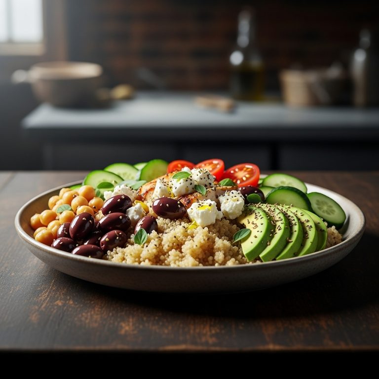 Greek Protein Power Bowl with Lemon Quinoa and Avocado