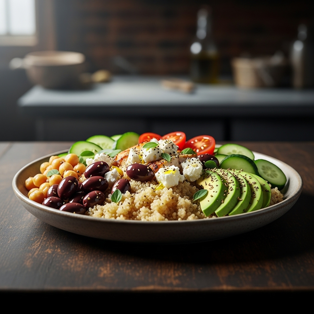 Greek Protein Power Bowl with Lemon Quinoa and Avocado