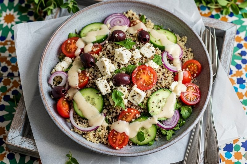 Greek Quinoa Salad Bowl with Lemon-Tahini Dressing