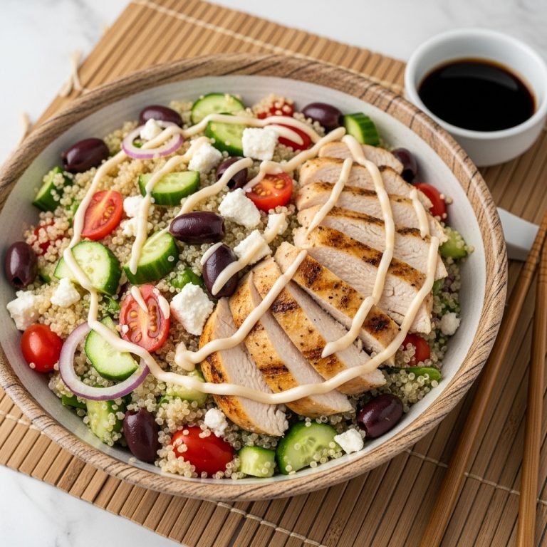 Greek Quinoa Salad with Grilled Chicken & Lemon-Tahini Dressing