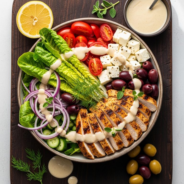Greek Salad Chicken Bowl with Lemon-Tahini Dressing