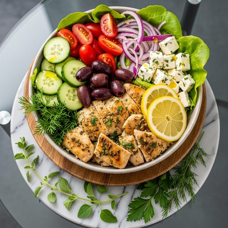 Greek Salad and Grilled Lemon Herb Chicken Power Bowl
