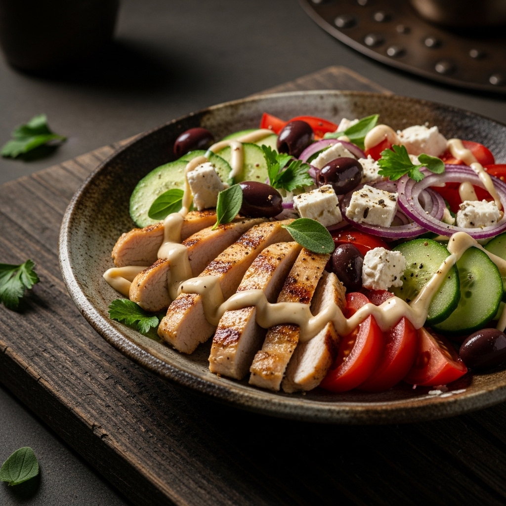 Greek Salad with Grilled Chicken & Lemon Tahini Dressing