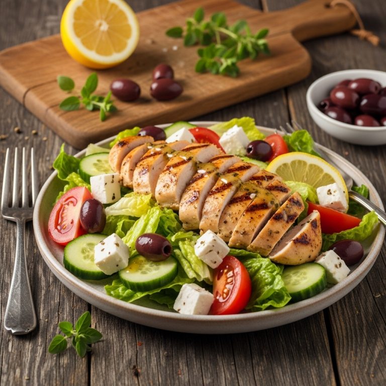 Greek Salad with Grilled Chicken Breast and Lemon-Herb Dressing