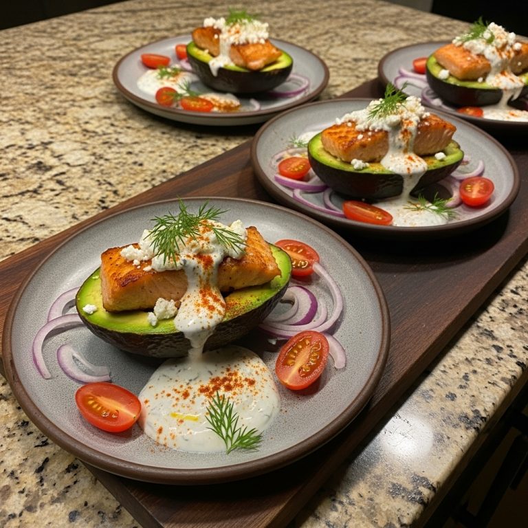 Greek Salmon Avocado Boats with Lemon Herb Yogurt Sauce