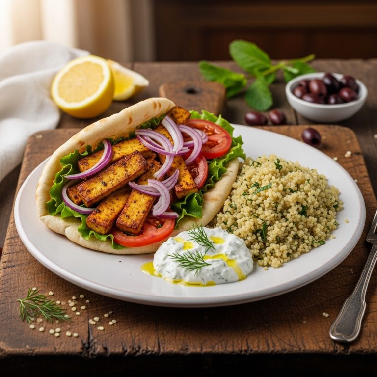 “Greek Vegan Tofu Gyros with Herb-Infused Quinoa and Creamy Tzatziki”