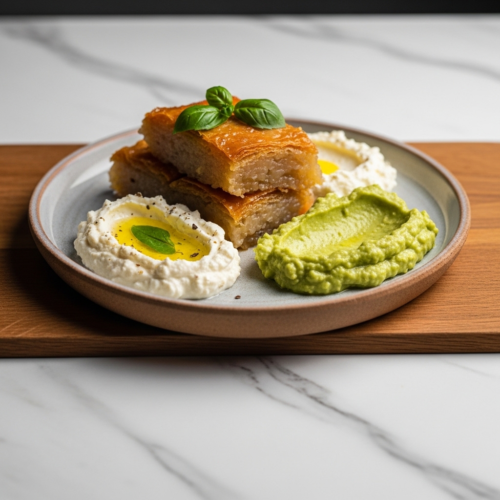 Greek Vegetarian Breakfast Feast: Aromatic Galaktomboureko with Whipped Feta Dip and Creamy Avocado Spread